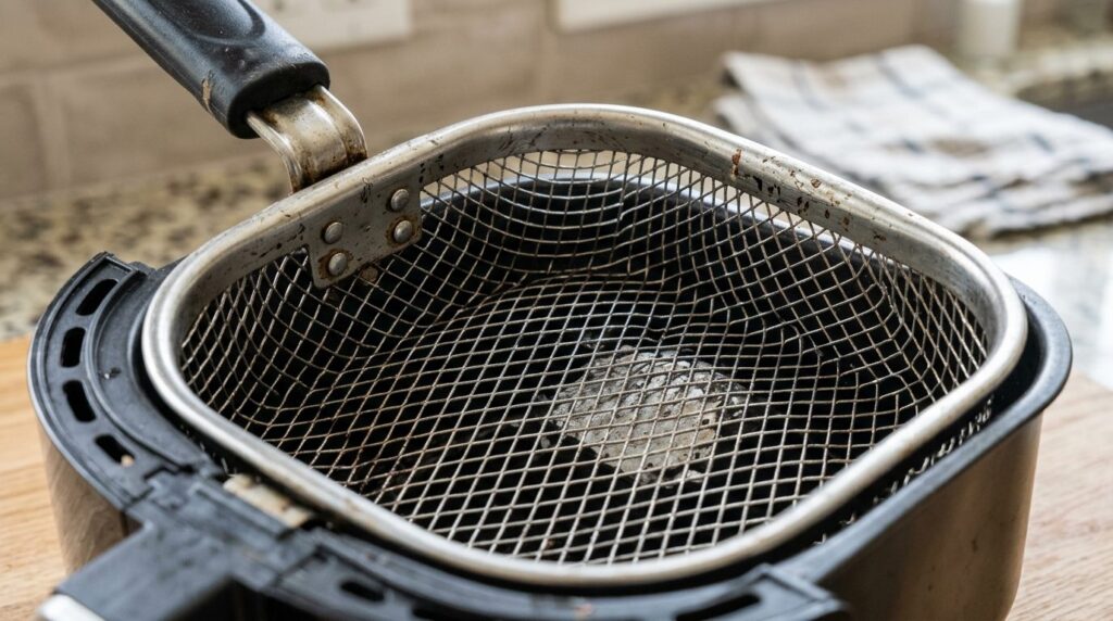 Close-up macro photography of a stainless steel air fryer ba