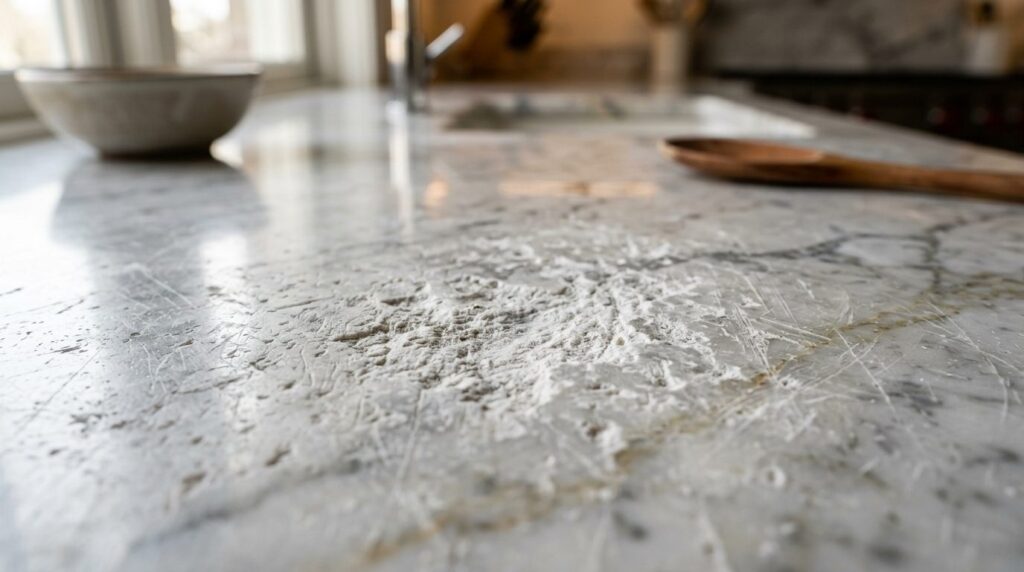 Close-up macro photography of marble tile surface with visib