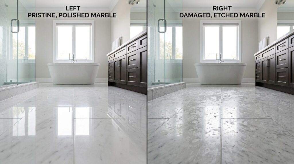 Split-screen comparison image showing pristine polished marb