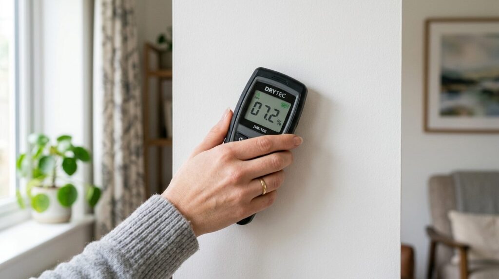 Close-up detail shot of a homeowners hand using a moisture 
