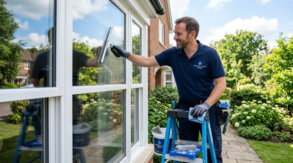 Professional window cleaner demonstrating proper technique w