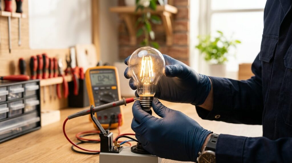 Detailed macro photograph of an LED bulb being inspected and