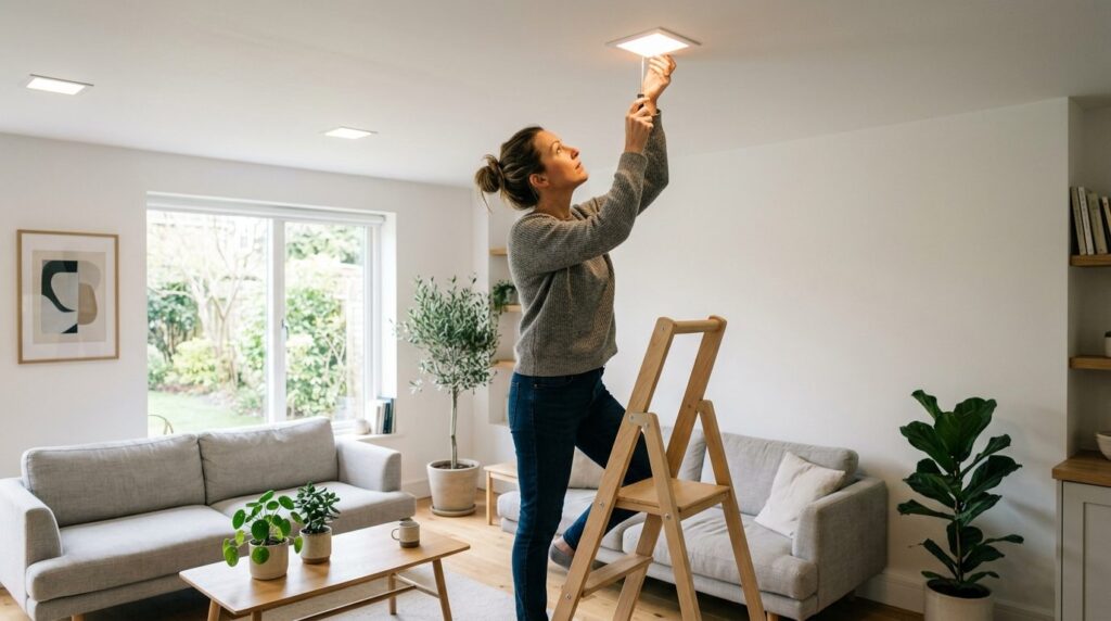 Realistic photograph of a homeowner checking an interior LED