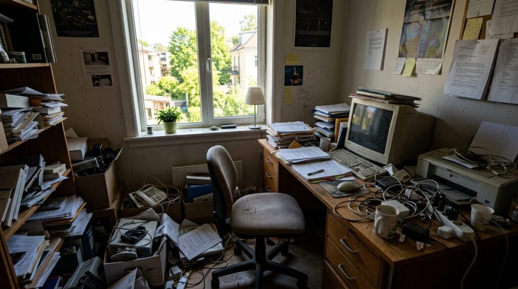 Professional wide-angle photograph of a cluttered home offic