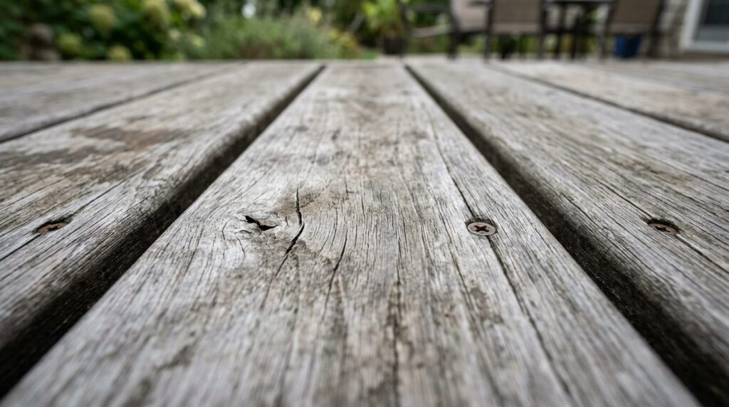 Close-up detail shot of aged wooden deck boards showing natu