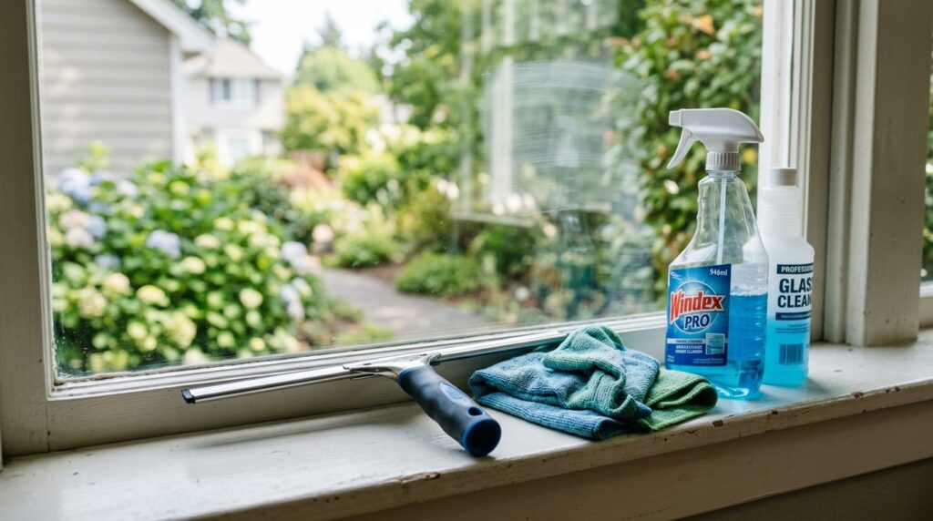 Professionelt vinduesrengøringsværktøj med gummistrøger til effektiv rengøring.