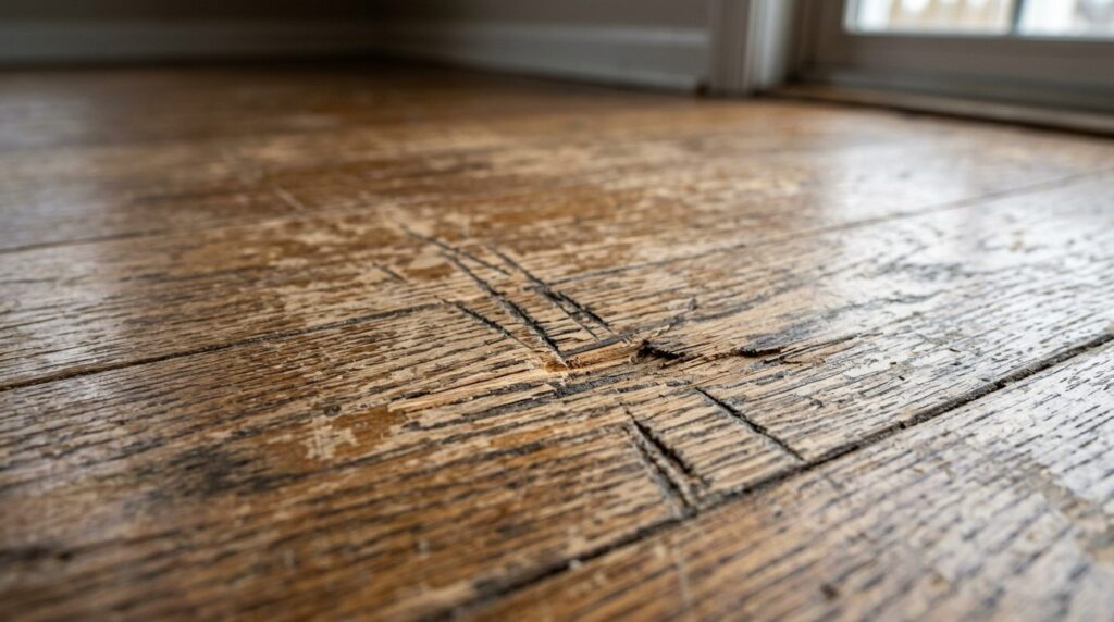 Close-up detailed stock photo of damaged wood floor surface 