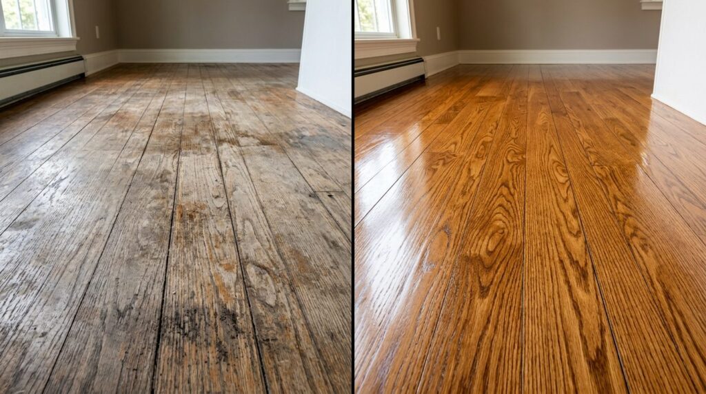 Before and after comparison stock photo of wood floor restor
