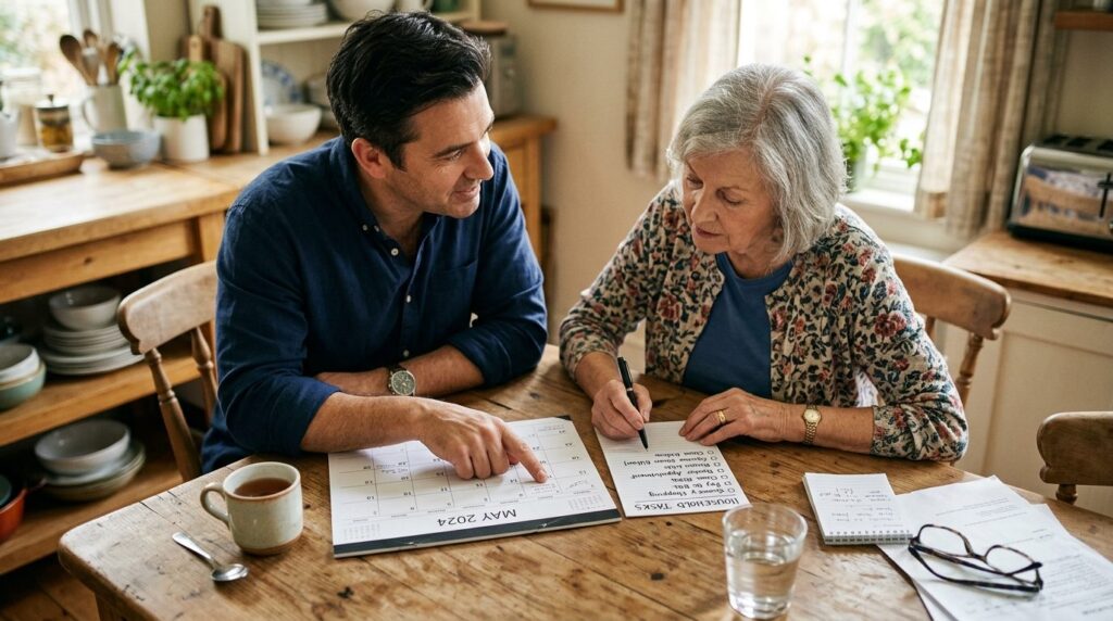 Realistic overhead shot of an adult son and elderly mother l