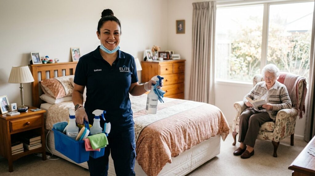 Realistic photo of a professional female cleaner in uniform