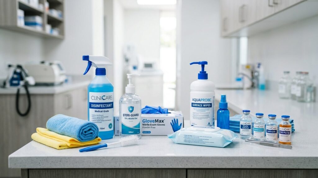 Close-up detail of professional cleaning supplies arranged o