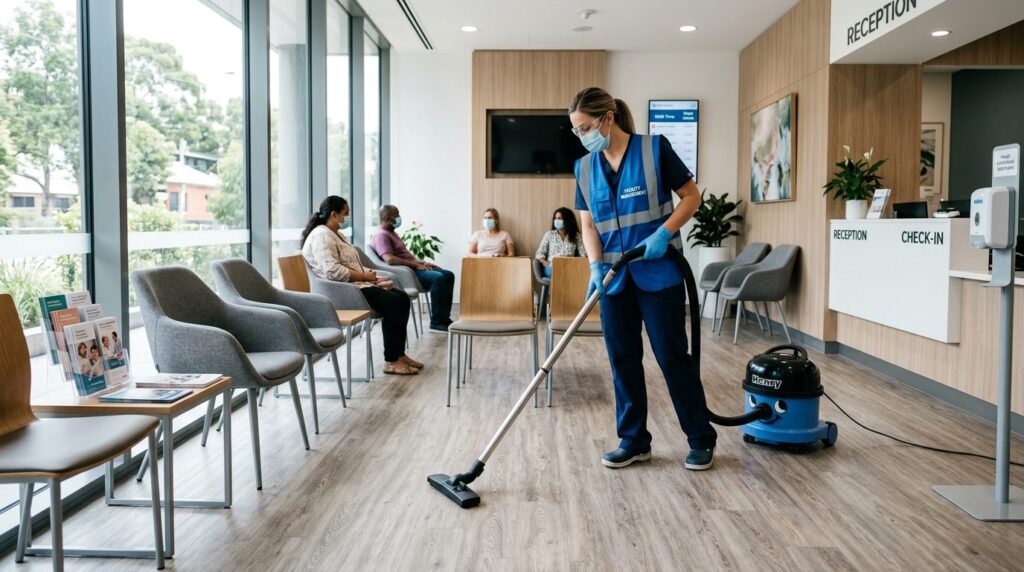 Medical clinic waiting room being cleaned by professional fa