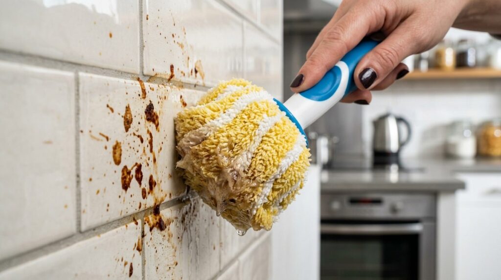Mini mopsponge fjerner skidt effektivt tæt på set på køkkenflade.