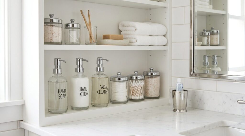 Close-up product photography of organized bathroom storage s