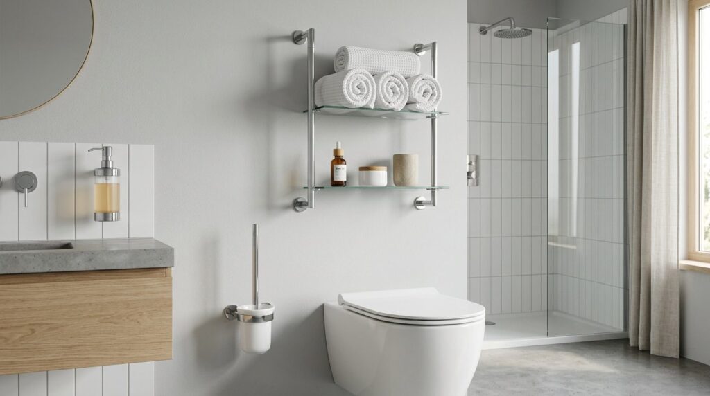 Bathroom interior with wall-mounted storage system including