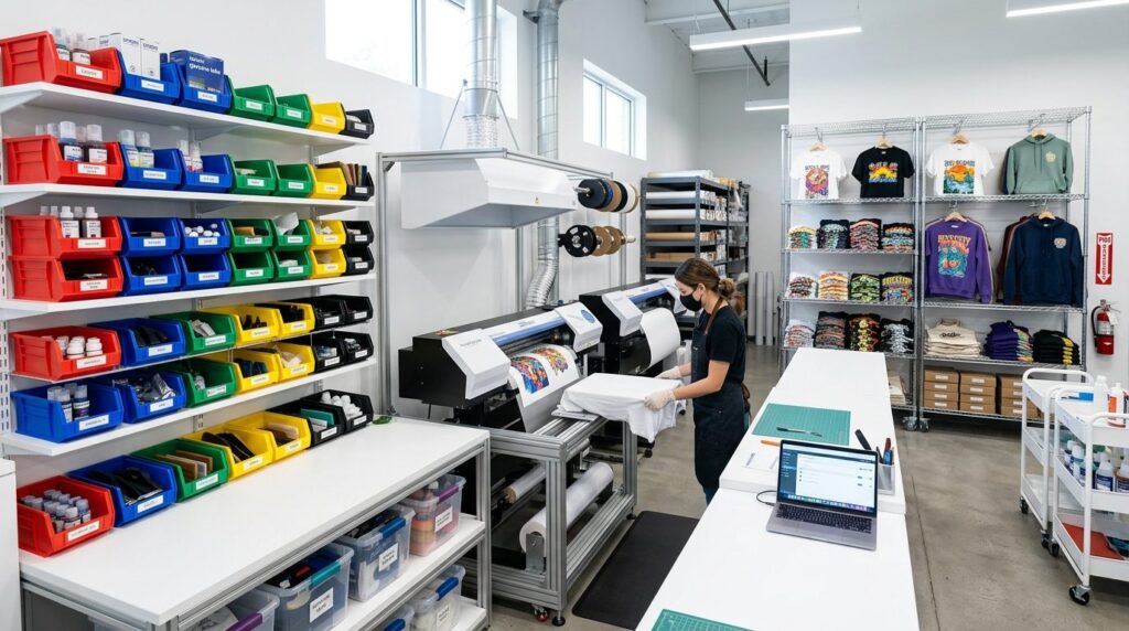 Wide-angle professional photograph of an organized merchandi