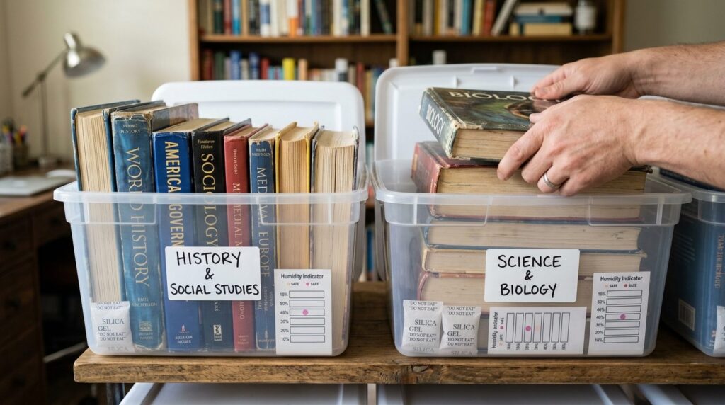 Close-up stock photo of used textbooks being carefully place