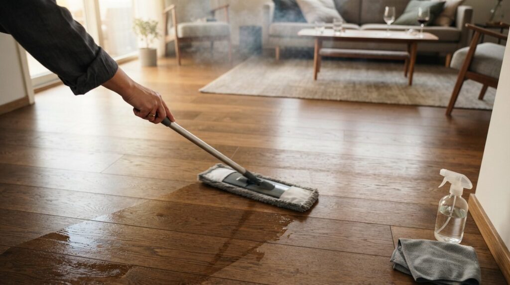 Overhead stockphoto of a hardwood floor being cleaned with a