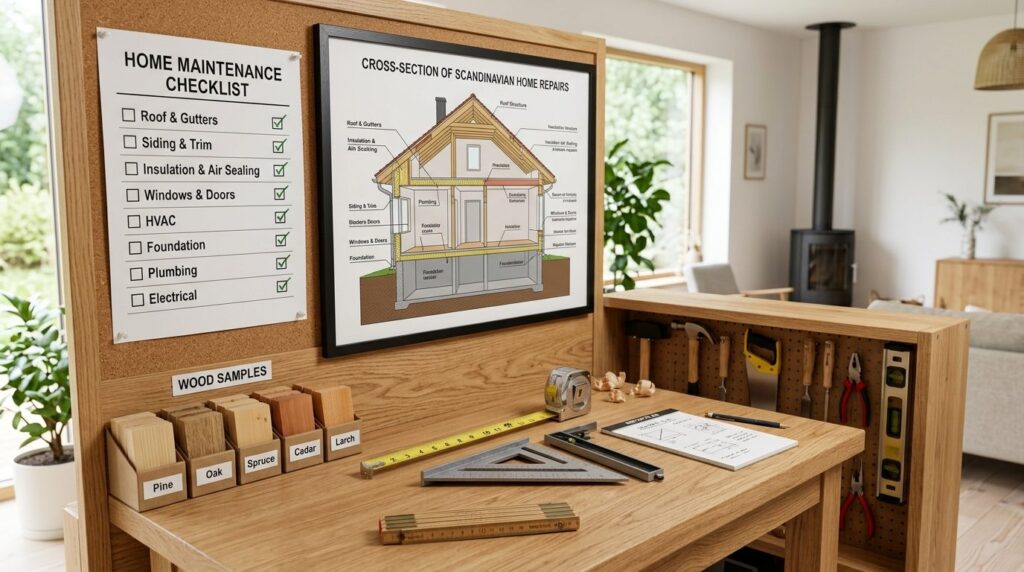 Organized carpenters workbench with maintenance checklist, 