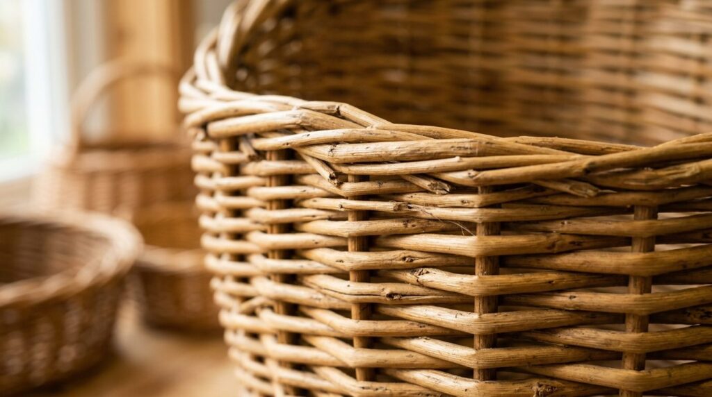 Close-up detailed shot of willow basket weaving texture, sho