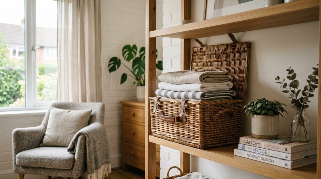 A carefully maintained willow wicker storage basket placed i