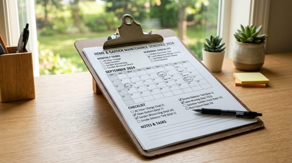 Close-up of organized maintenance schedule calendar and chec