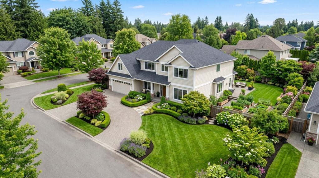 Aerial view of a residential property showing both immaculat