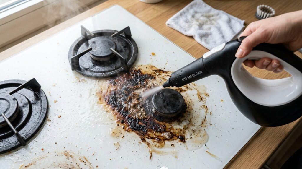 Brændt påbrændt mad på hvid kogeplade ses fra oven.