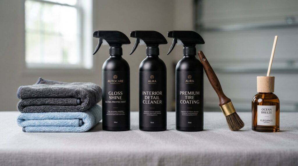 Close-up product photography of premium car maintenance and
