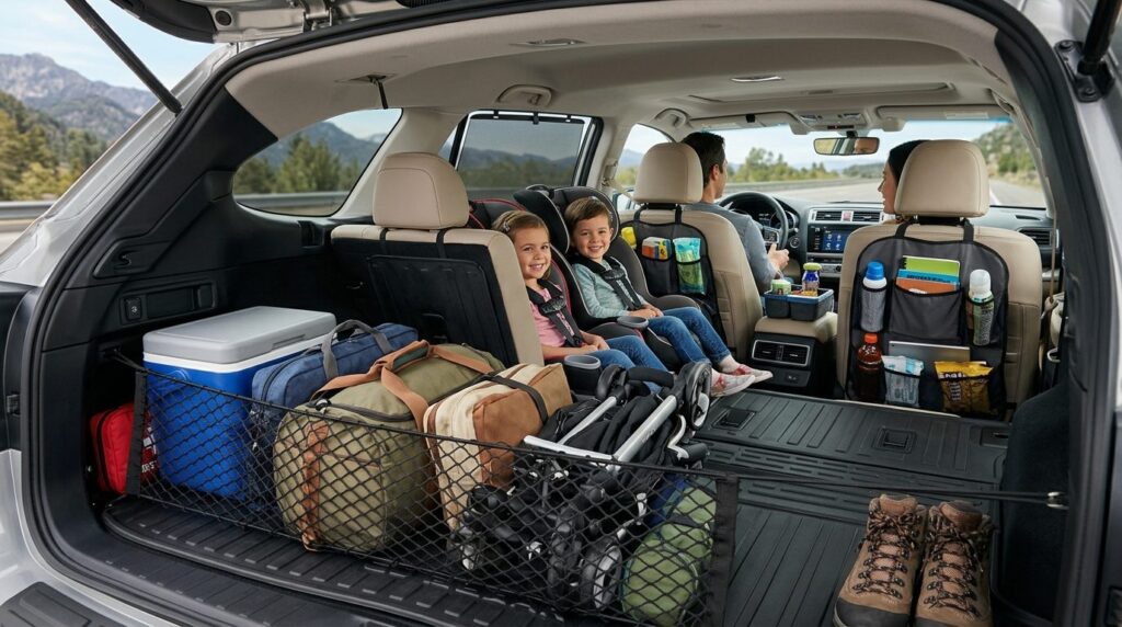 Wide-angle shot of a family car interior packed for a road t