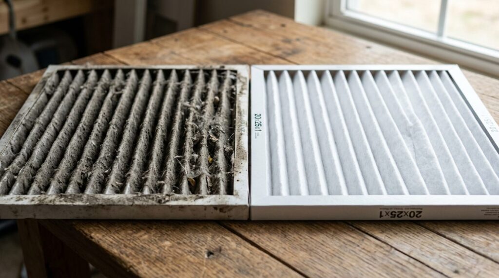 Close-up realistic photo of dirty ventilation filter clogged