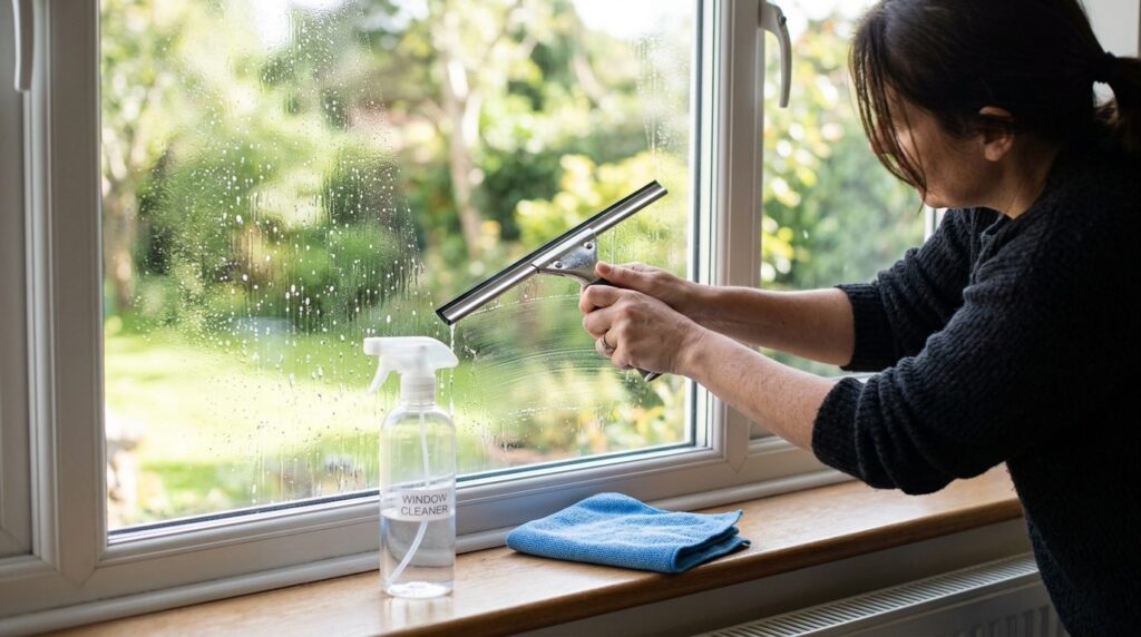 Close-up of homeowners hands using window cleaning squeegee